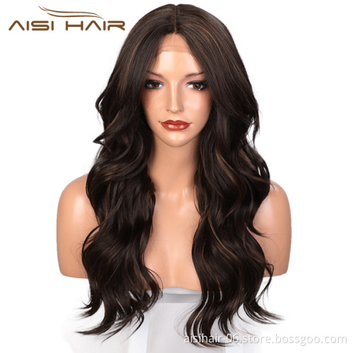 Aisi Hair 24 Inch Long Wavy Mixed Brown Wig Body Wave Swiss Lace Wig Middle Part Cheap  Lace Front Wigs For Black Women